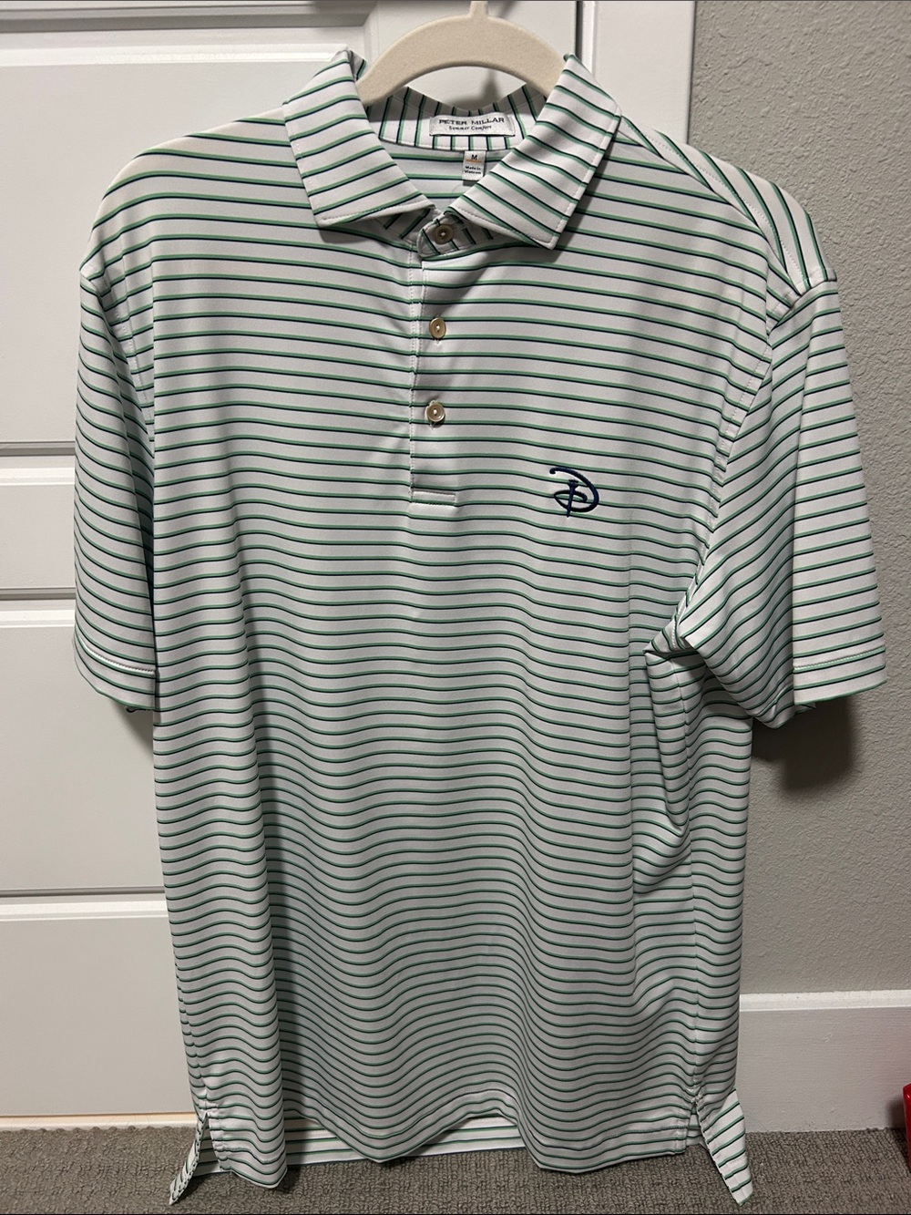 Peter Millar Disney White Polo with Green and Navy Stripes